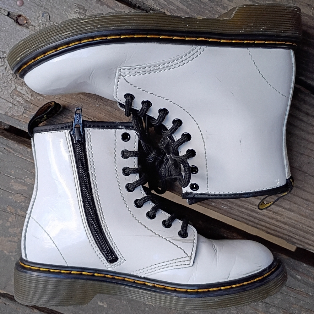 Dr. Martens White Lace-Up Zip Combat Boots Patent Leather Yellow Stitch Girls 1